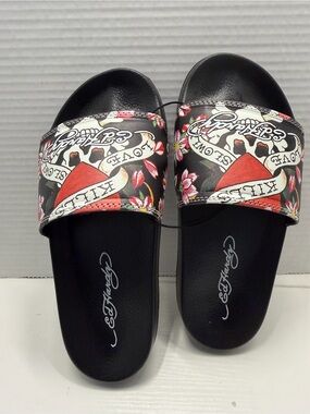 Ed Hardy Women’s Flip Flops Size 5 Love Kills Slowly Black